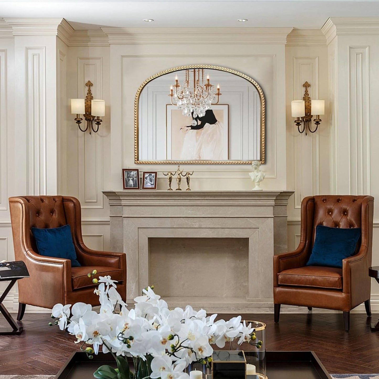 Gold Arch Mirror, 36"x28" Metal Beaded Frame Mirror, Ornate Decorative Accent Mirrors, Vintage Arched Mirrors for Vanity Bathroom Bedroom Entryway Living Room Fireplace