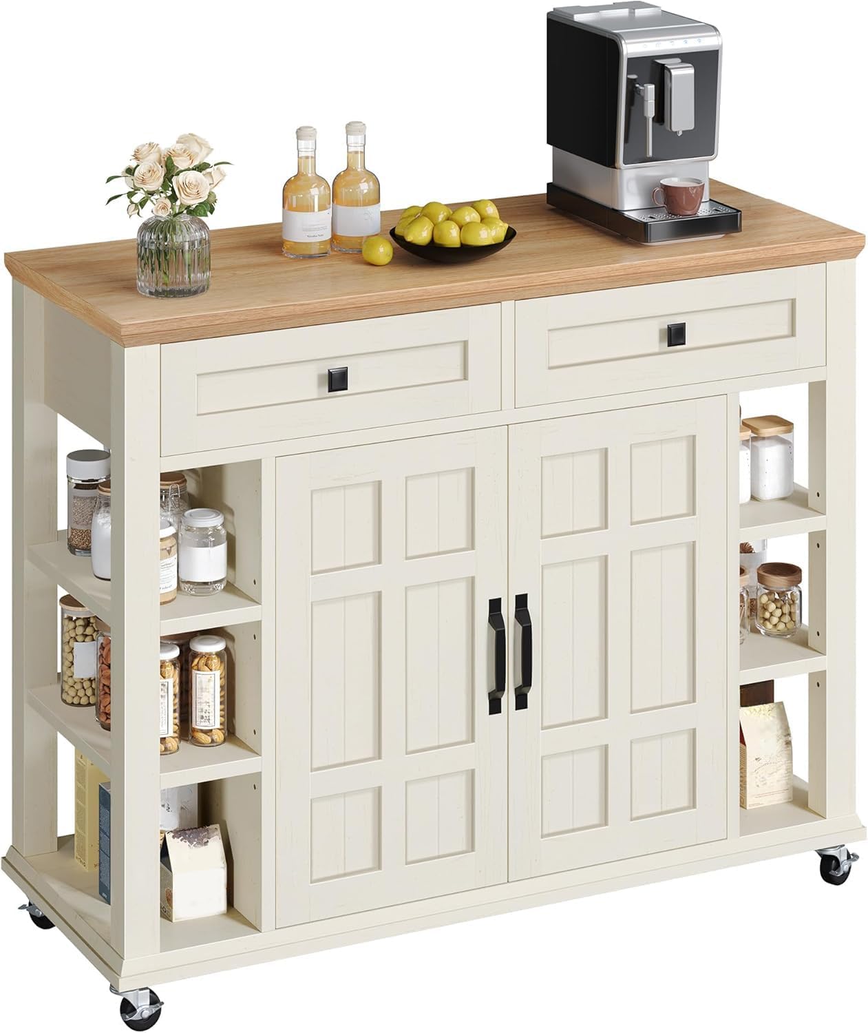DWVO Kitchen Island with Storage Cabinet, Farmhouse Rolling Island Table on Wheels, Americana Mobile Storage Islands with Open Shelves, Drawers for Living Room, Dining Room, Off White