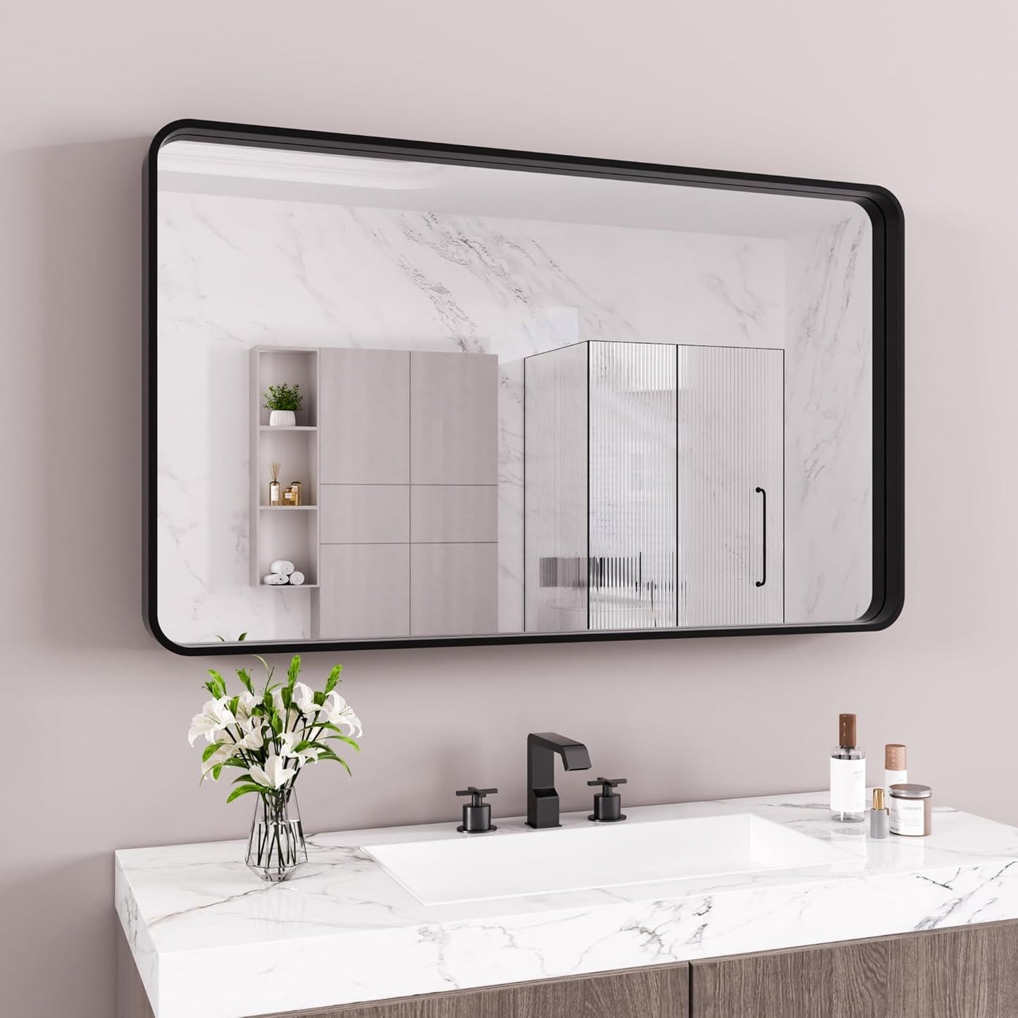 Black Bathroom Mirror 55X30 Inch, Black Metal Framed Mirror for Wall, Rounded Rectangle Matte Bathroom Vanity Mirror with Tempered Glass, Anti-Rust, Horizontal/Vertical
