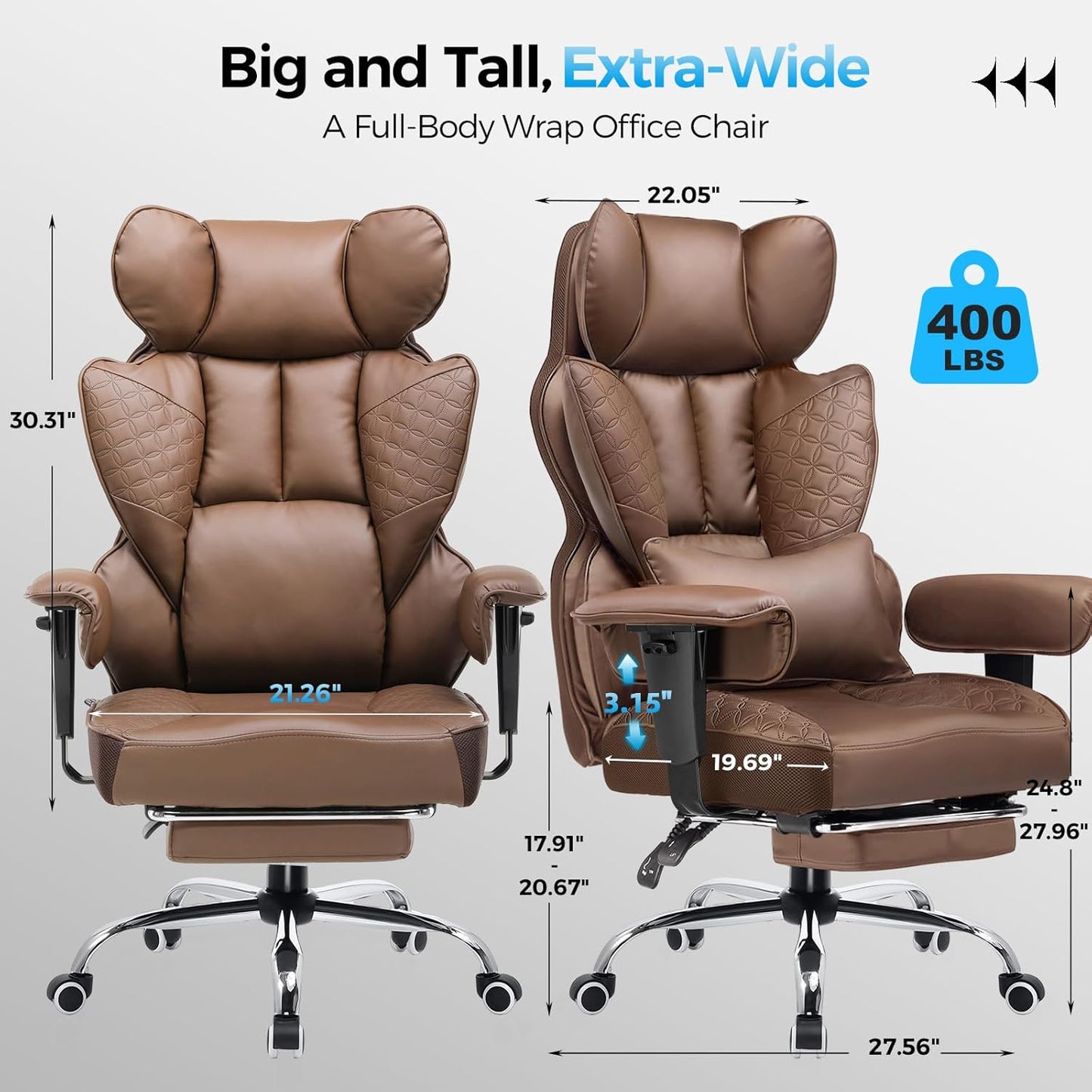 GTRACING Big and Tall Gaming Chair 400lbs Heavy Duty Office Chair with Foot Rest & Ergonomic Pocket Spring Lumbar Support, High Back 3D Saddle Shaped Cushion for Back Pain Relief, Brown