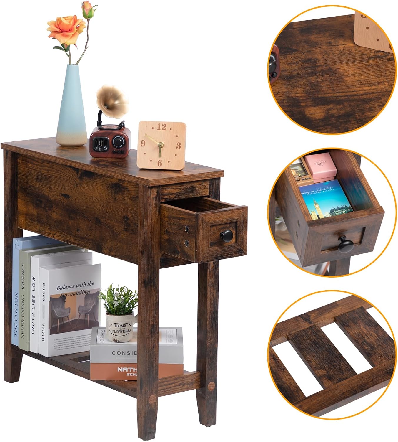 Brown Chairside Narrow End Table, Solid Wood Recliner Side Table with Drawer, Slim Nightstand Bedside Table for Living Room Bedroom