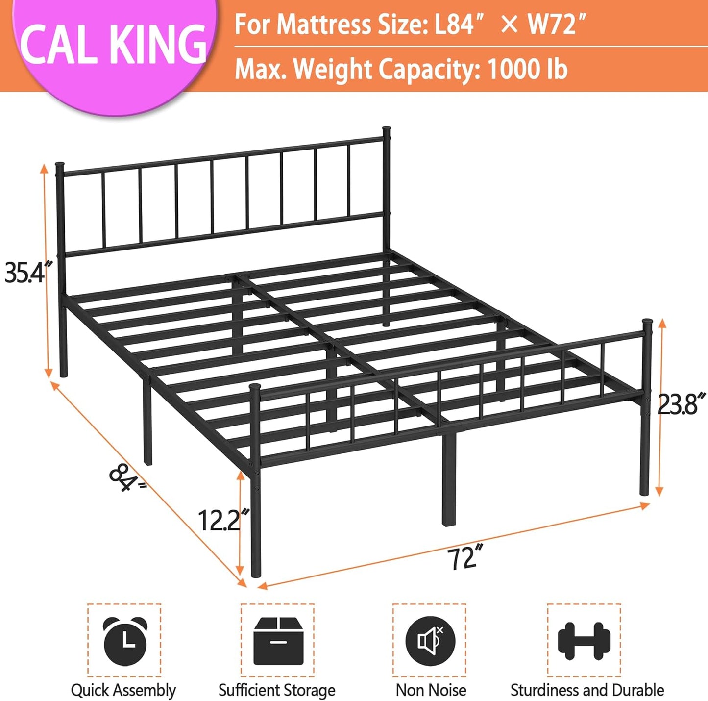 California King Bed Frame-Classic Metal Platform Bed Frame,Mattress Foundation with Steel Slat Support,Under Foundation Storage,No Box Spring Needed, Easy Assembly,California King Size