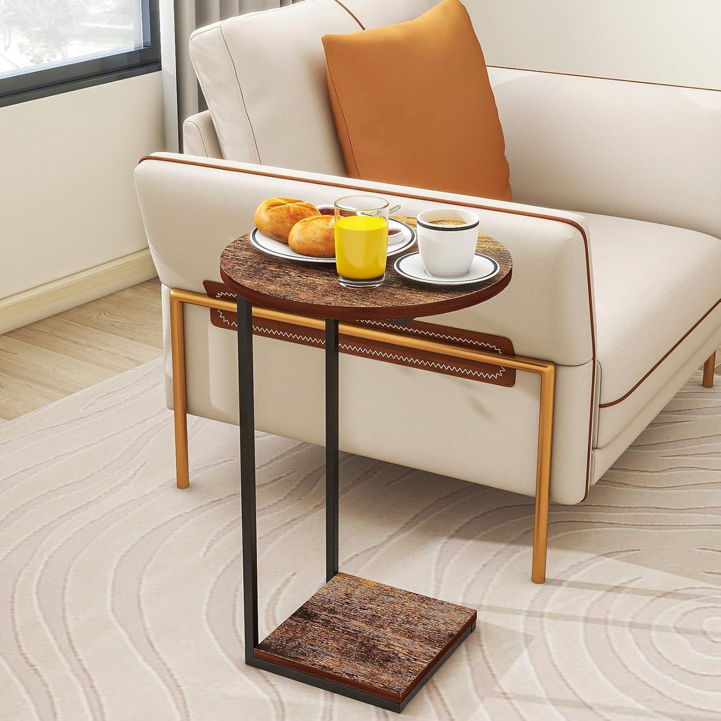 HDANI C Table End Table Set of 2,Round Side Table That Slide Under,C Shaped End Table for Couch,Small Table for Living Room,Bedroom,Rustic Brown