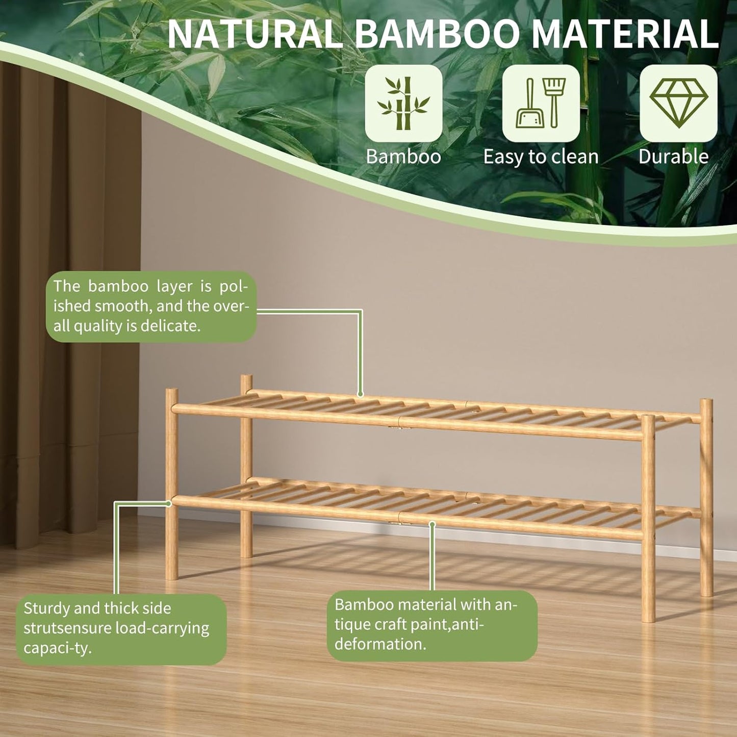 2-Tier Bamboo Long Shoe Rack, Free Standing Wood Shoe Shelf Storage Organizer for Closet Entryway Stackable 35"x11"x13" (Natural)