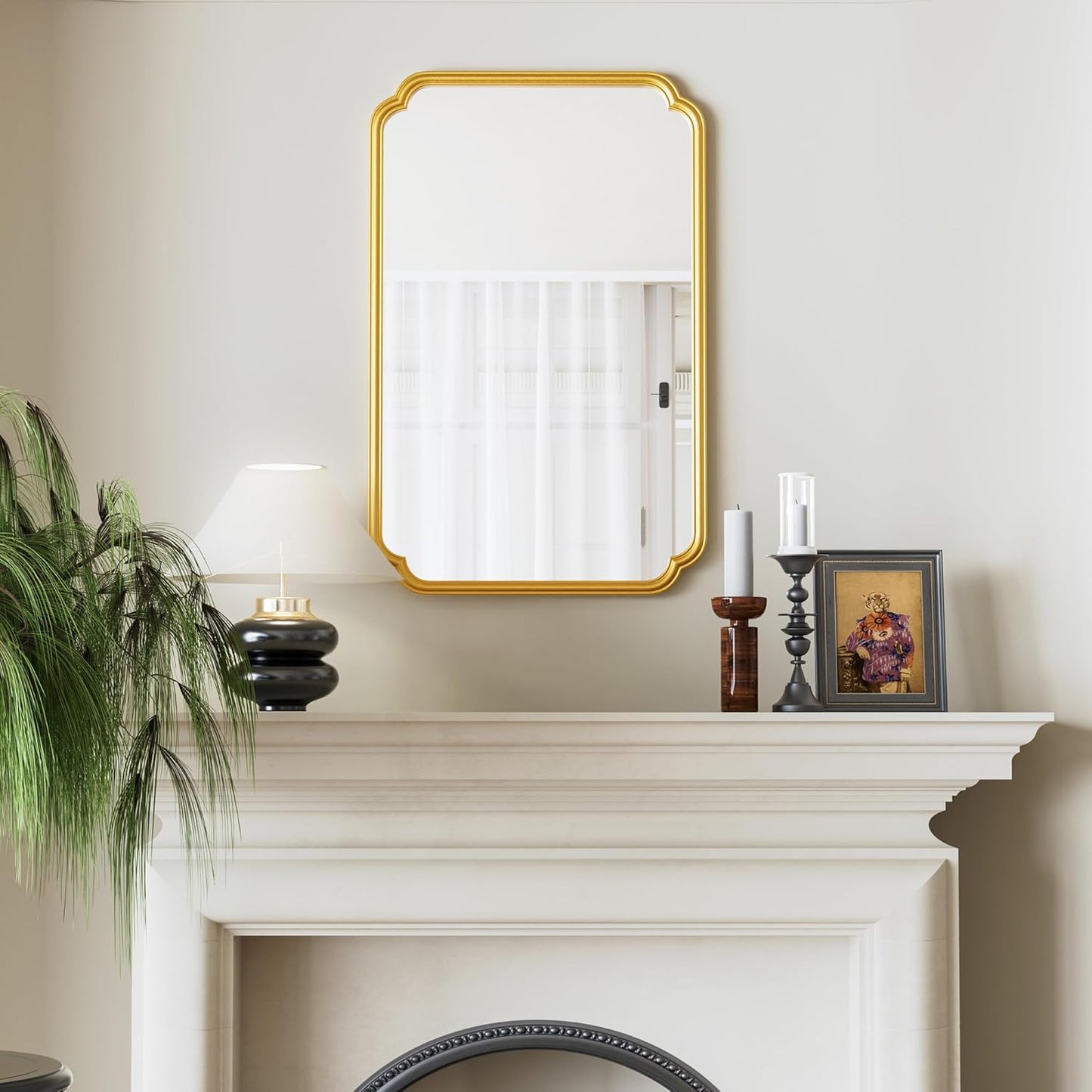 22x34 Inch Gold Bathroom Mirror, Metal Framed Wall Mirror with Rounded Edges, Rustproof Horizontal Vertical Hanging for Vanity Over Sink