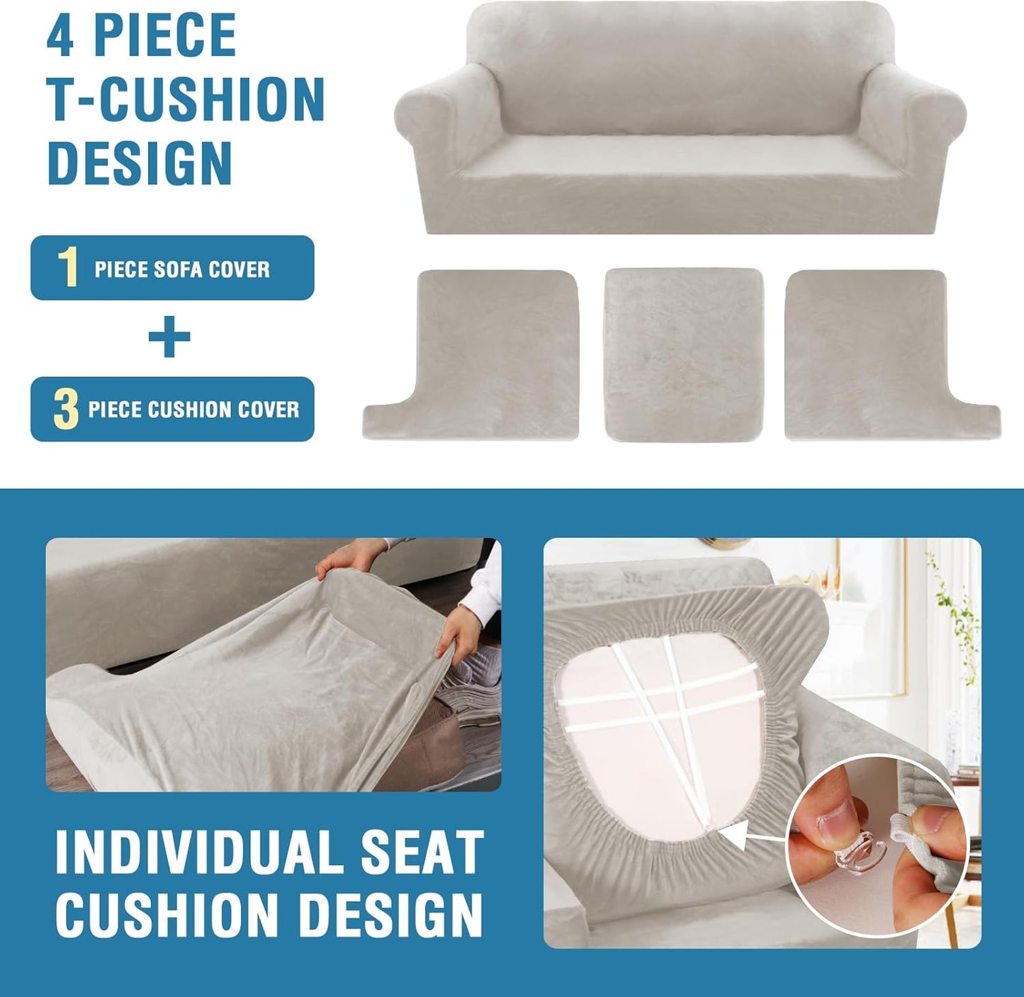 H.VERSAILTEX Sofa Cover 4 Piece T Cushion Sofa Slipcovers Thick Velvet Couch Cover Stretch T Cushion Sofa Covers for 3 Cushion Couch with 3 Individual T Cushion Covers Washable, Oatmeal