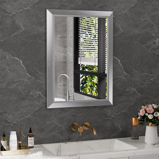 Amorho 22x30 Inch Bathroom Mirror Silver, Thick Metal Framed Wall Mirrors for Over Sink, Brushed Nickel Mirror Perfect for Bedroom, Living Room, Entryway, Rectangle (Horizontal/Vertical).