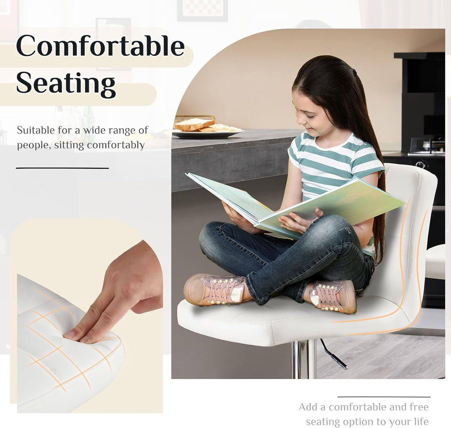 DUMOS Bar Stools Set of 2, Armless Adjustable Swivel Barstools, PU Leather Hydraulic Kitchen Counter Height Bar Stools, Thickened Seat Cushion Square Island Barstools with Back, White