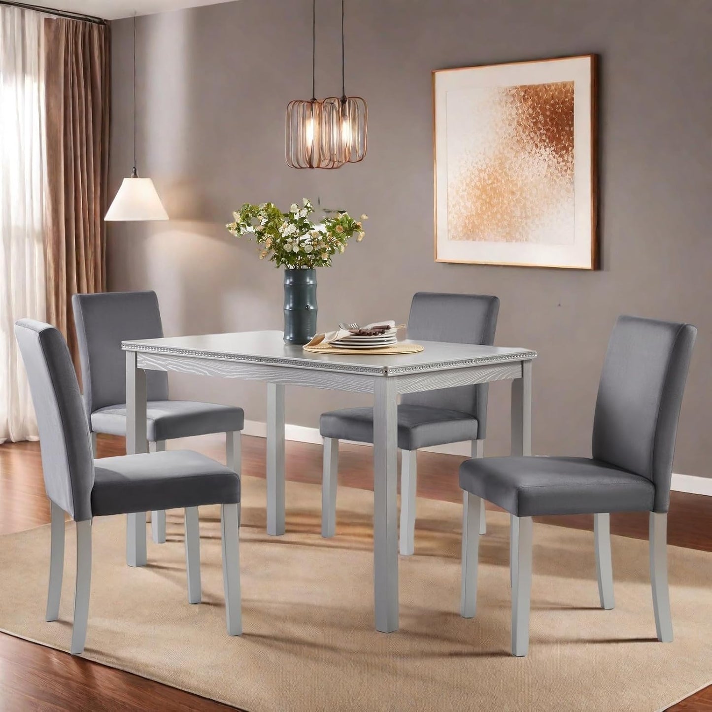 Dining Table Set for 4, 5-Piece Dining Room Table Set with Rectangular Crystal Decoration Table & 4 Upholstered Backrest Chairs, Counter Height Kitchen Sets with MDF Tabletop, Grey