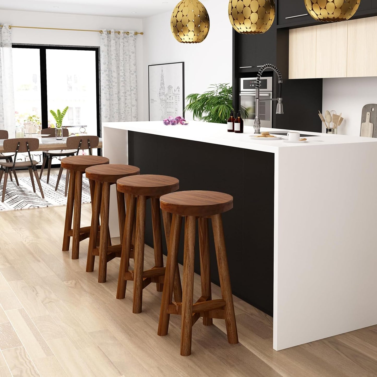 Bar Stool with Round Seat for Kitchen Island Counter, Solid Teak Wood Barstool in Espresso Finish, Home Bar Furniture, 29-Inch Height