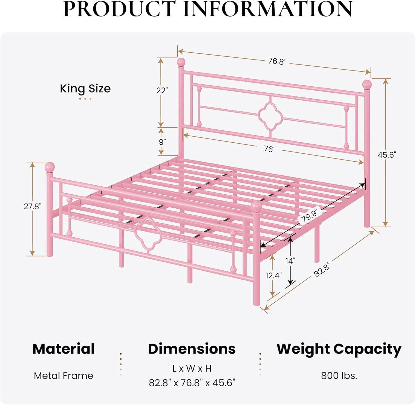 SHA CERLIN 14 Inches King Size Metal Platform Bed Frame/Vintage Iron-Art Headboard and Footboard/Mattress Foundation for Storage/No Box Spring Needed/Noise-Free/Easy Assembly/Pink
