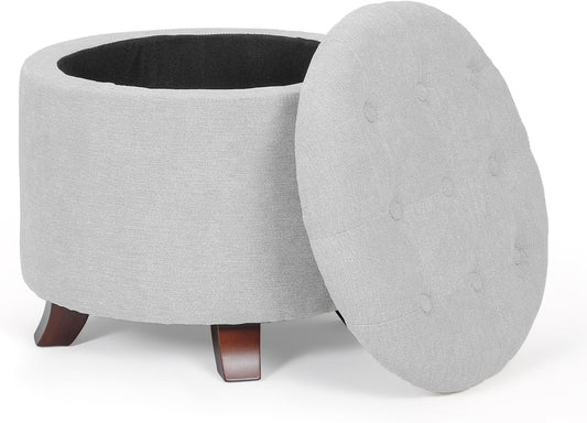 Athena Collection 20 Inch Small Ottoman with Storage, Round Linen Fabric Storage Ottoman with Removable Lid, Stylish Footstool Foot Rest for Living Room, Bedroom, Dorm, Grey