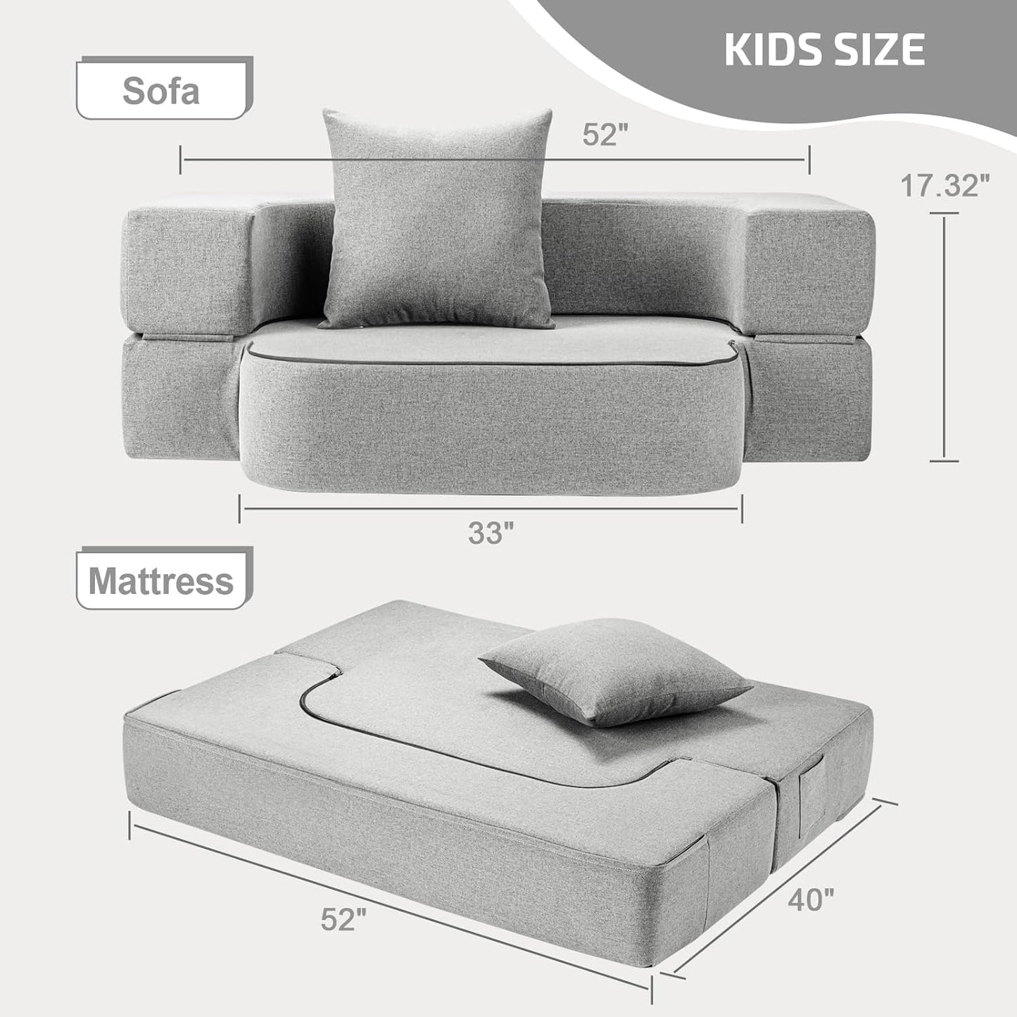 2-in-1 Folding Sofa Bed with Pillow - Folding Chair Floor Couch & Sleeping Mattress - Washable Cover & Memory Foam Sleeper Chair for Living Room/Guest Room/Apartment/Loft, Light Gray