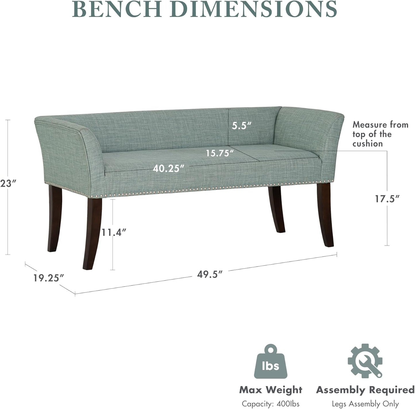 Madison Park Accent Bench for Living Room, Upholstered with Nailhead Trim, & Padded Seat Entryway Bench Small, End of Bed Bench with Back, 49.5" W x 19.25" D x 23" H, Light Blue