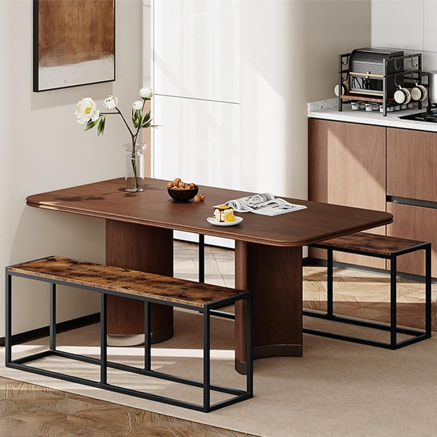 HOOBRO Dining Bench, 47.2 Inch Dining Table Bench, Industrial Style Kitchen Bench, Steel Frame, Easy to Assemble, for Kitchen, Dining Room, Rustic Brown and Black BF12CD01