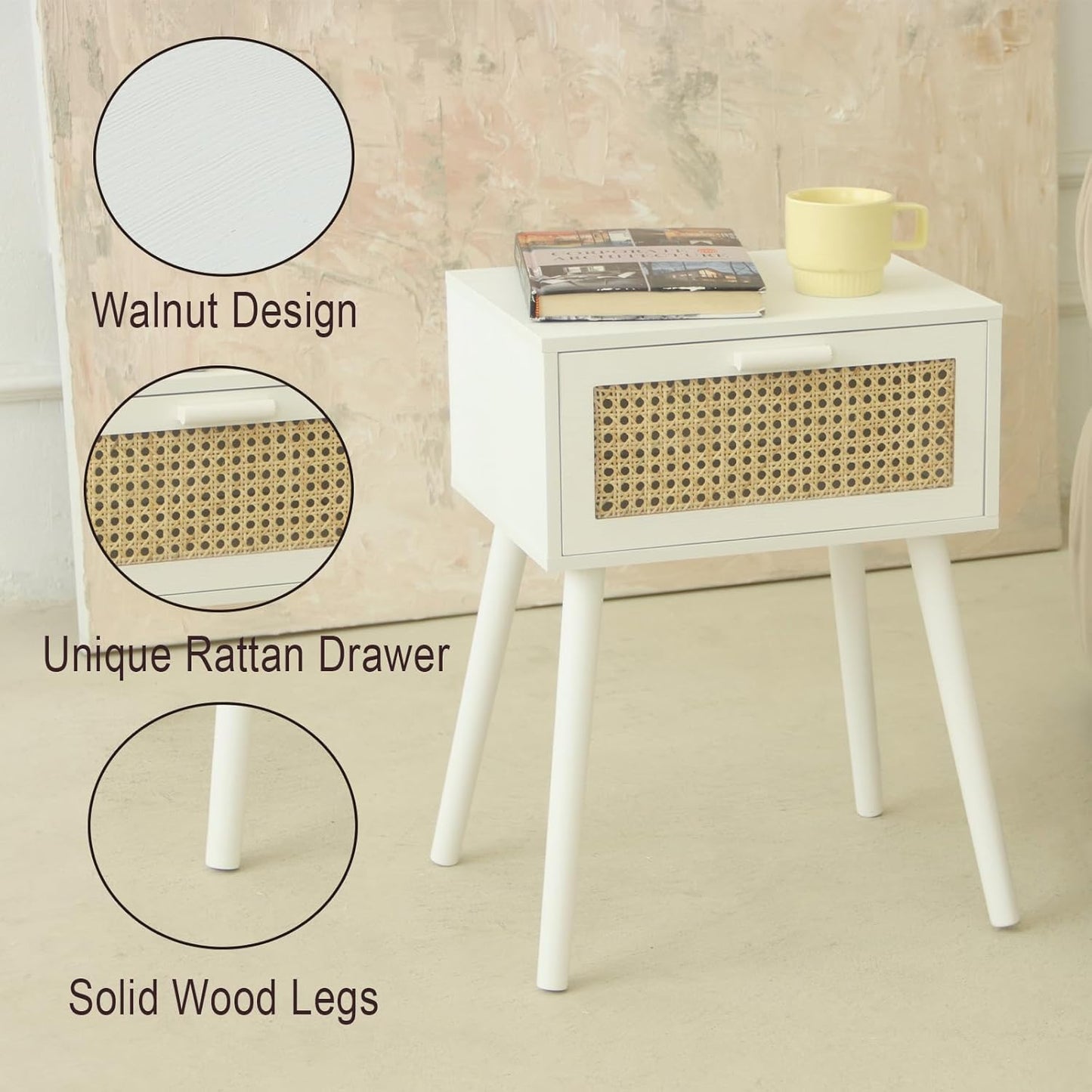 AWASEN White Rattan Nightstand, Modern Bedside Table with Rattan Drawer, End Table with Storage and Solid Wood Legs for Bedroom Living Room Small Space (White)