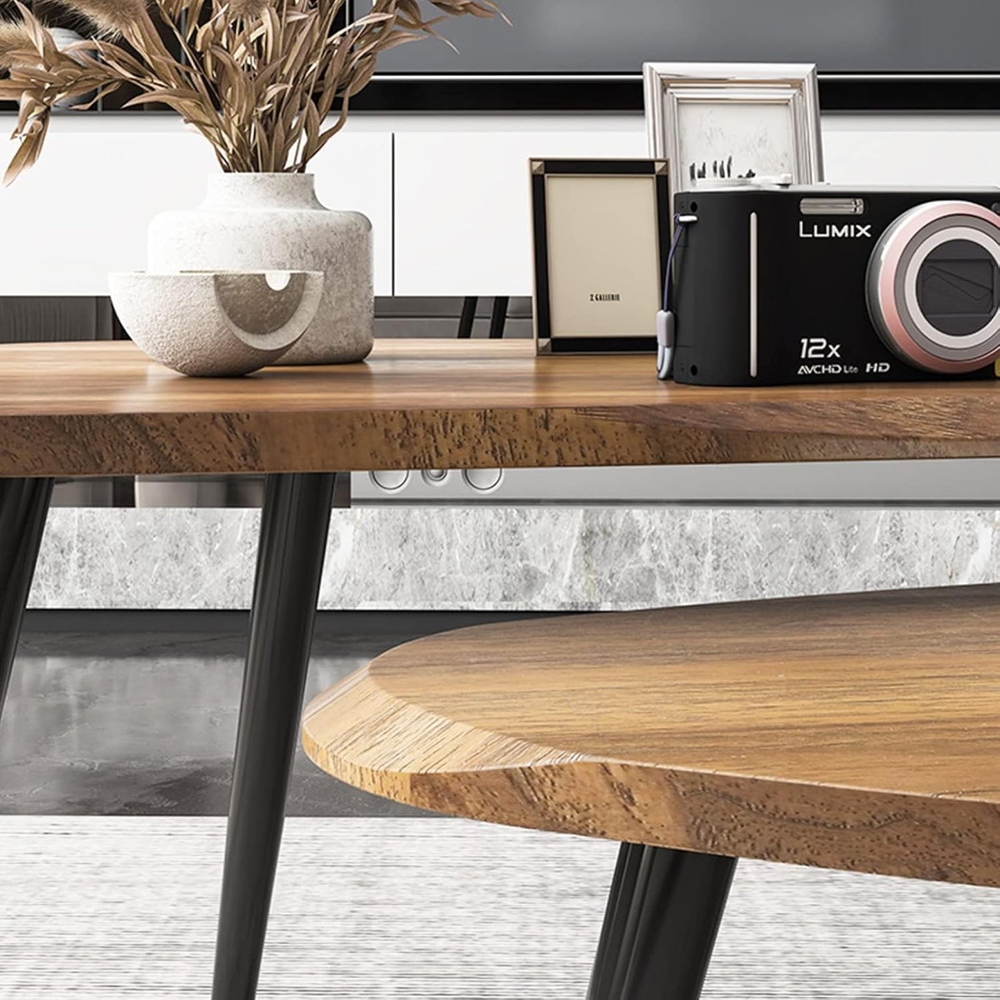 Midcentury Nesting Coffee Table Set of 2, Mid Century Modern Walnut Wood Oval Coffee Tables for Living Room, Compact Coffee Table and Side Table Set for Sofa Bedside Office Balcony or Small Spaces