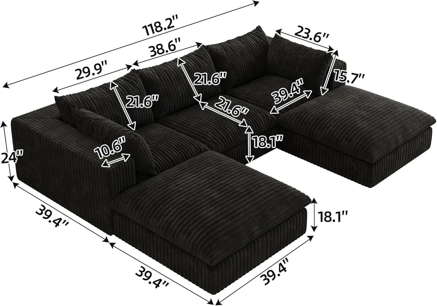 Down Filled Boneless Sectional Sofa Cloud Couch with Movable Ottomans, 118 inch Convertible U Shaped Lounge Couch w/Deep Seat, Fluffy Corduroy Upholstered Compress Modular Sofa