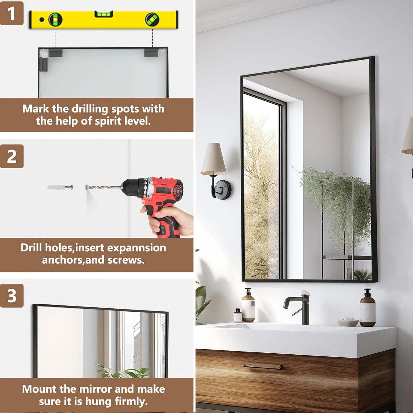 Black Bathroom Mirror, 22"x30" Rectangle Mirror, Matte Black Mirror, Metal Frame Square Corner Vanity Mirror, Wall Mounted Mirror for Modern, Living Room, Bedroom, Horizontal Or Vertical