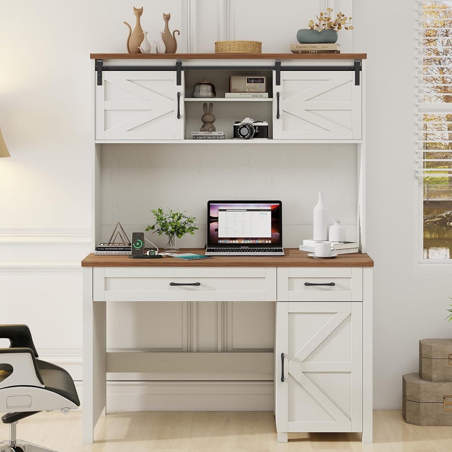 Farmhouse 47" Executive Desk, Computer Desk with Drawers and Storage Cabinet, Home Office Desks with Hutch and Charging Station, Workspace for Work & Study (Unique White).