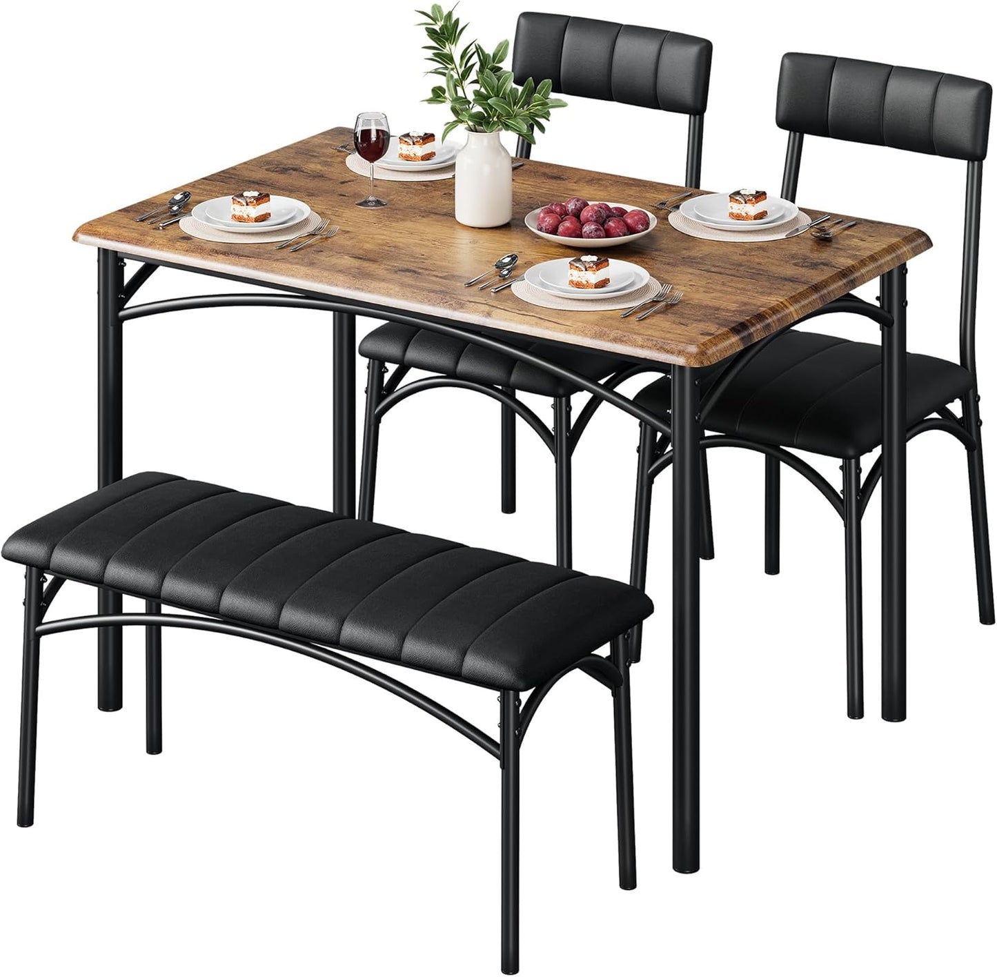 GAOMON Dining Table Set for 4 with Upholstered Bench and 2 Chairs, Rectangular Dining Room Table Set for 4 for Small Space, Apartment, Dinner, Rustic Brown