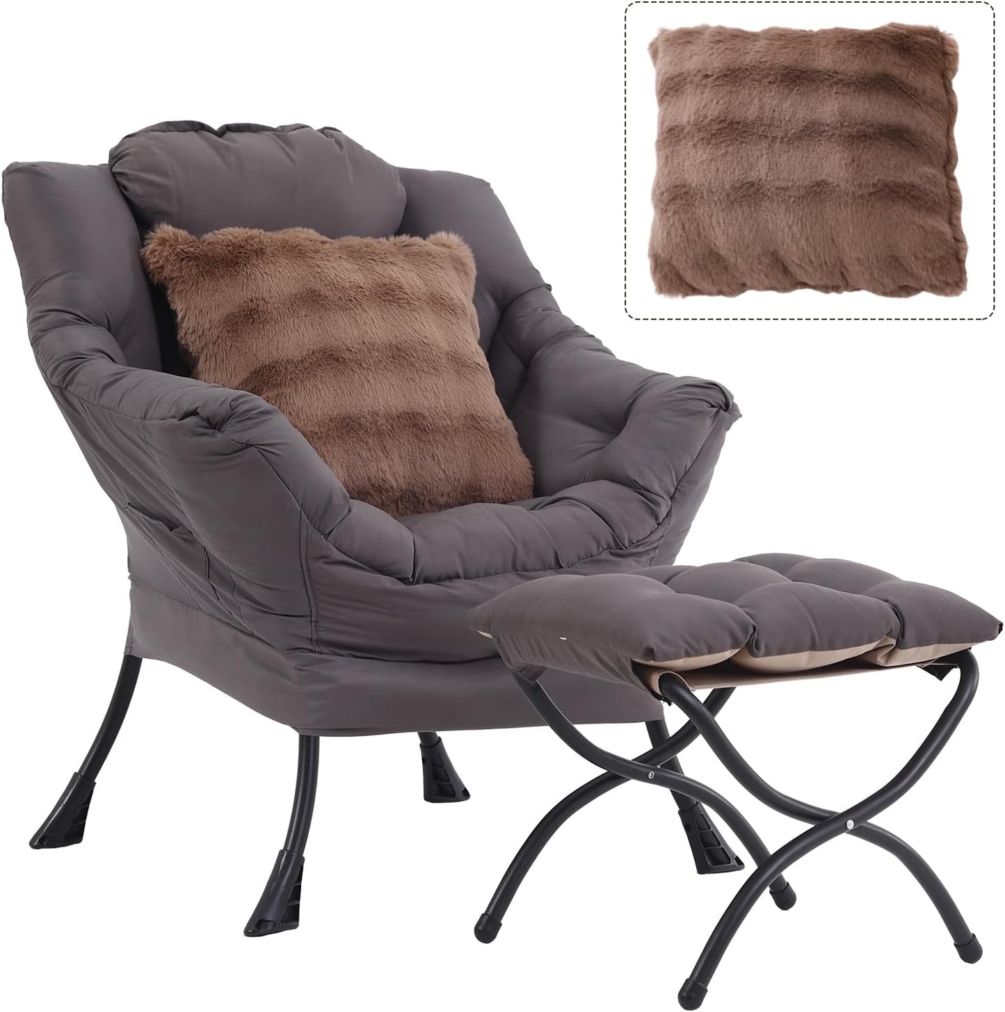 Large Lazy Chair with Ottoman, Accent Reading Chair with a Throw Pillow, Cozy Lounge Chair with Armrest, Leisure Sofa Chair for Living Room, Bedroom, Dorm, Shadow Grey