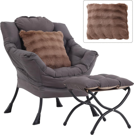 Large Lazy Chair with Ottoman, Accent Reading Chair with a Throw Pillow, Cozy Lounge Chair with Armrest, Leisure Sofa Chair for Living Room, Bedroom, Dorm, Shadow Grey