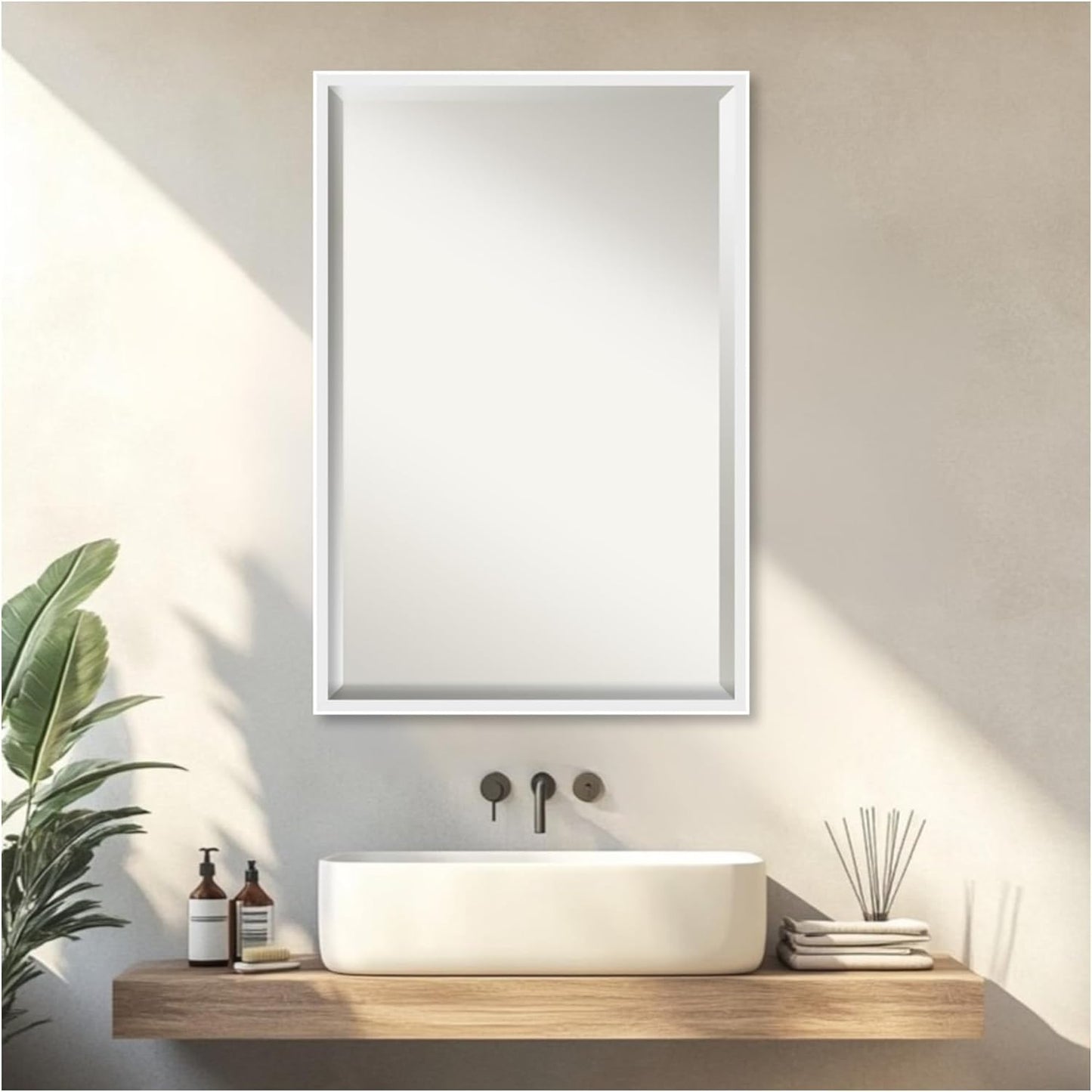 Amanti Art White Bathroom Mirror for Over Sink, 26x38 Incline White Rectangle Vanity Mirror, Large Modern Contemporary Wood Frame, Hangs Horizonally and Vertically, Bathroom Wall Decor, Beveled Edge