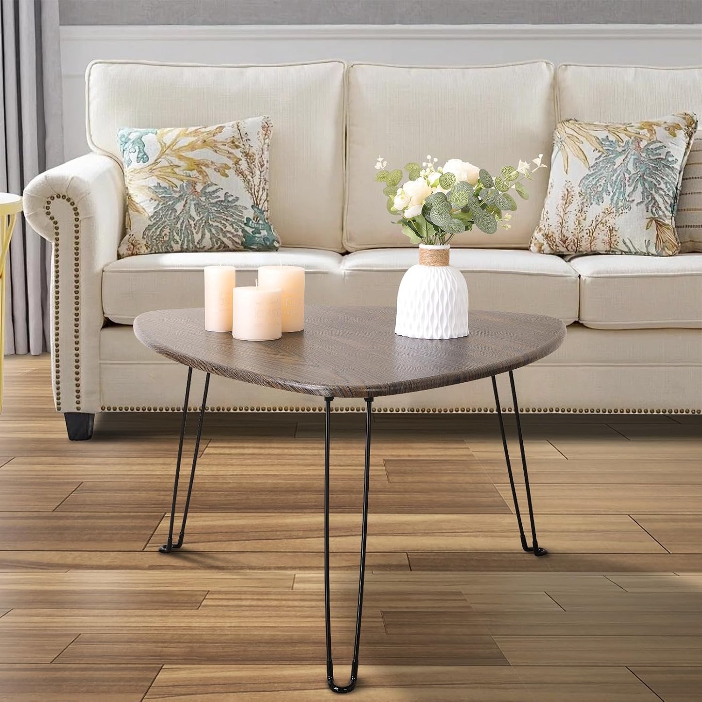 Folding Coffee Tables for Small Spaces Foldable Industrial Sofa Center Table Triangle Design Wood Framed Coffee Table Mid Century Rustic Brown Floor Desk for Living Room Balcony