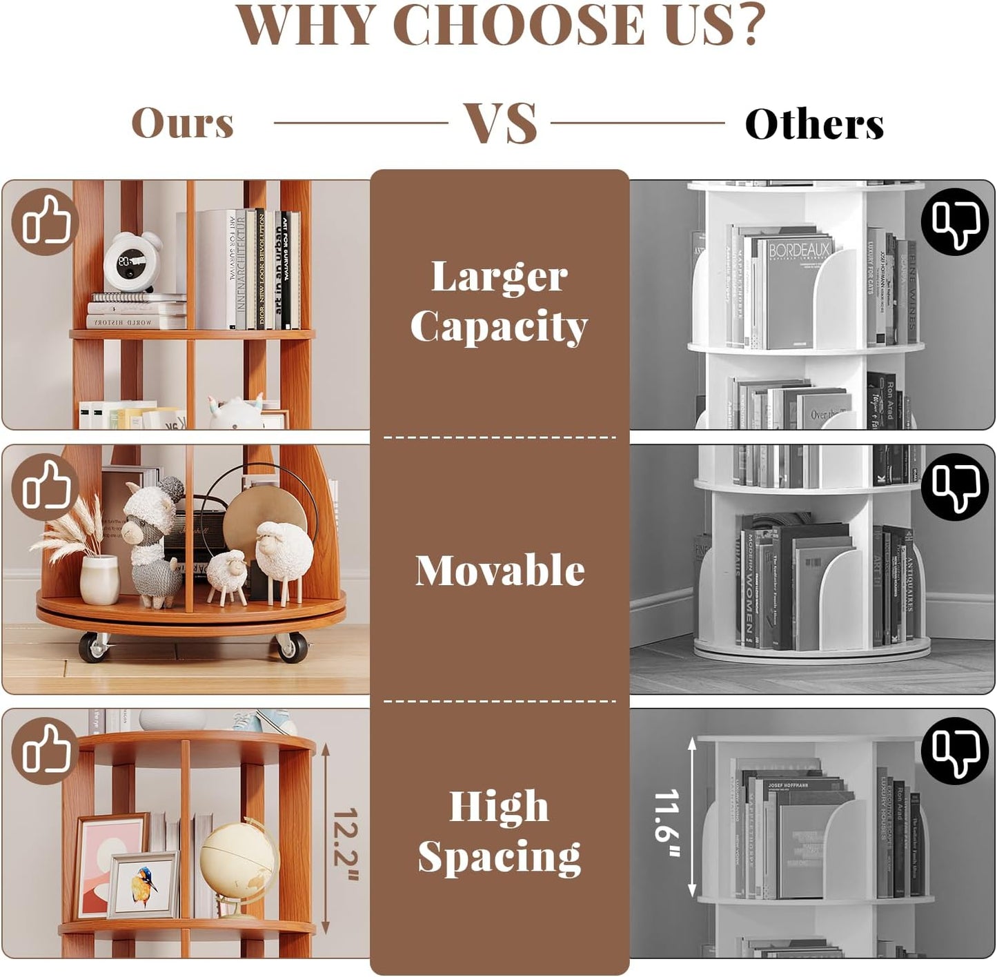 6 Tier Rotating Bookshelf with Locking Casters, 360° Spinning Vertical Bookcase, Revolving Floor Standing Organizer for Small Spaces, Corner, Living Room, Bedroom, Rustic Brown