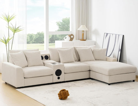 Merax 114 * 64" Corduroy Sectional Couches with Bluetooth Speakers, Storage, Ottoman & Pillows, Upholstered Modular Sofa Chaise with Console, USB Charger, Cup Holders for Living Room Apartment, Cream