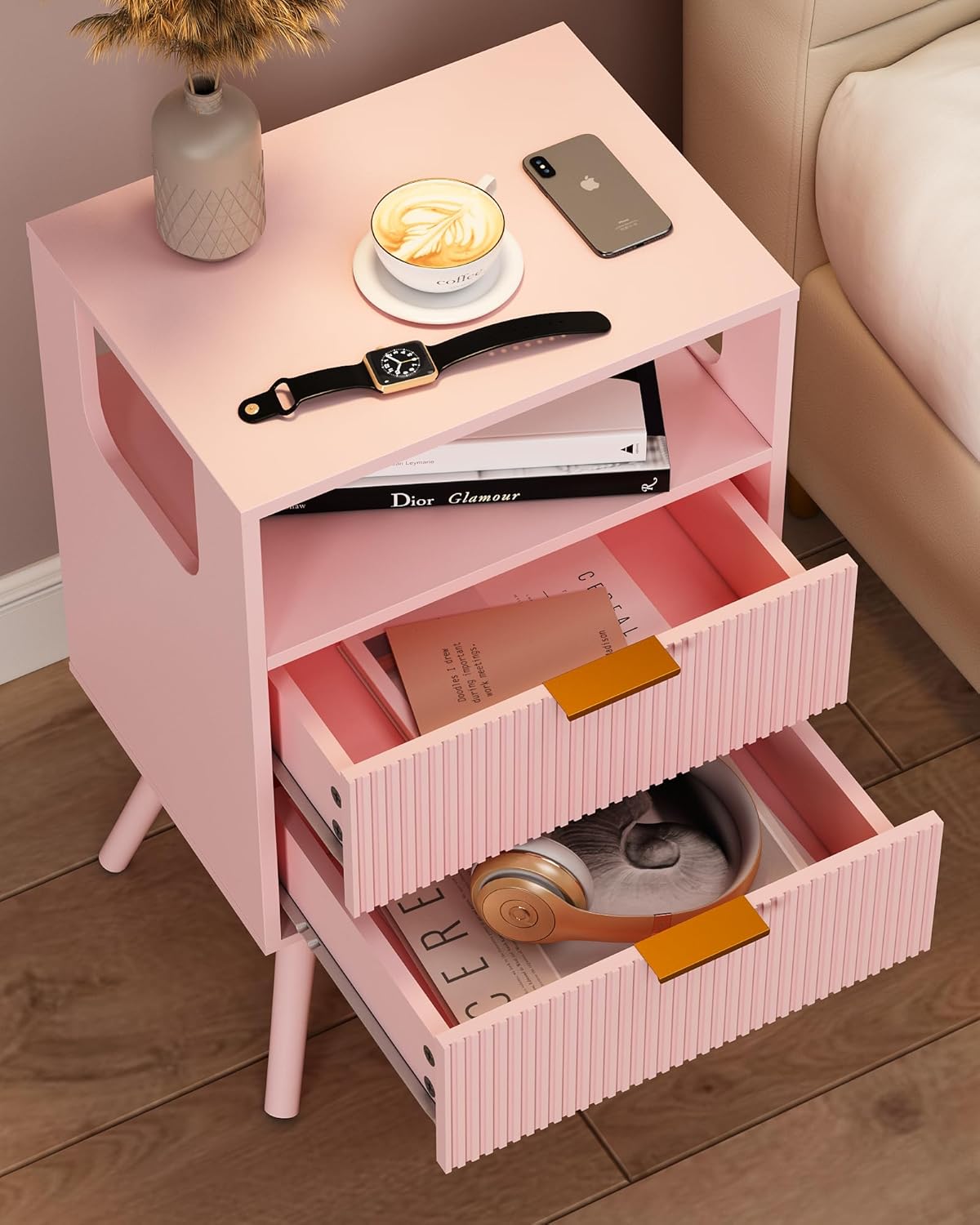 Pink Nightstand,Modern Bedside Table with 2 Storage Drawer and Open Wood Shelf, for Bedroom and Small Spaces,Night Stand with Solid Wood Legs
