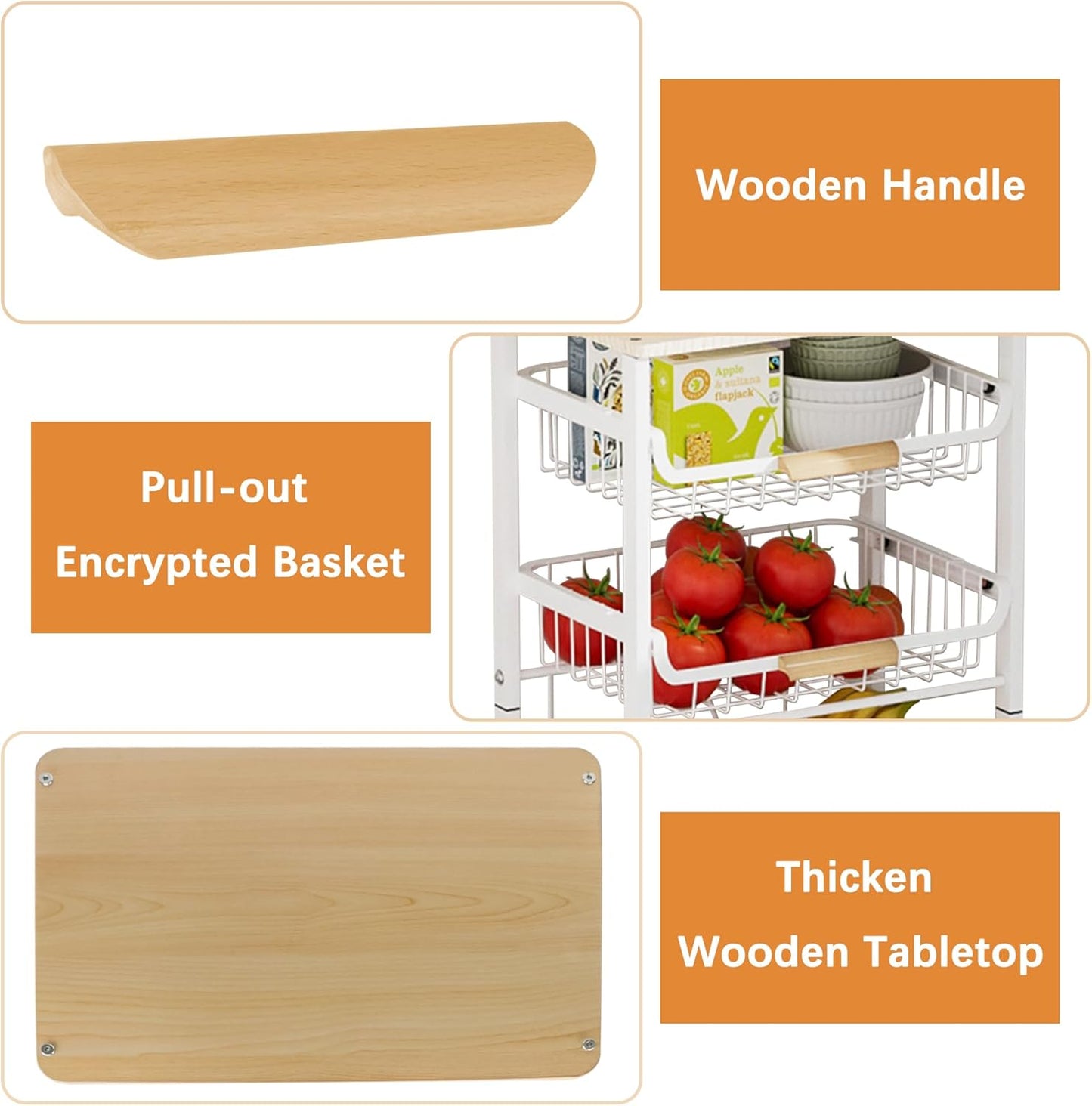 5-Tier Pull-Out Kitchen Storage Cart on Wheels, Fruit Basket, Bedroom Kitchen Organizer, White, 17x11.9x33.66 inches