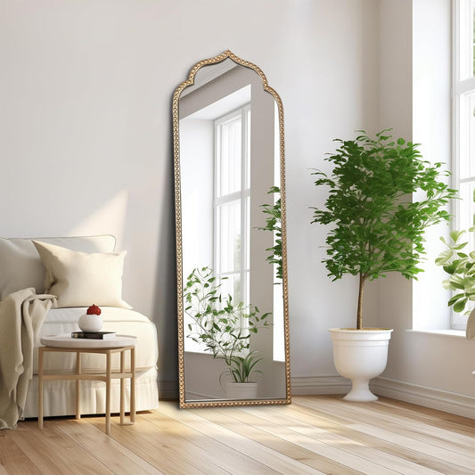 Large Gold Arched Mirror, 21"x64" Arch Standing Floor Mirrors for Dressing, Metal Beaded Frame Vintage Mirror, Scalloped Full Length Mirrors for Living Room Bedroom Hallway Entryway