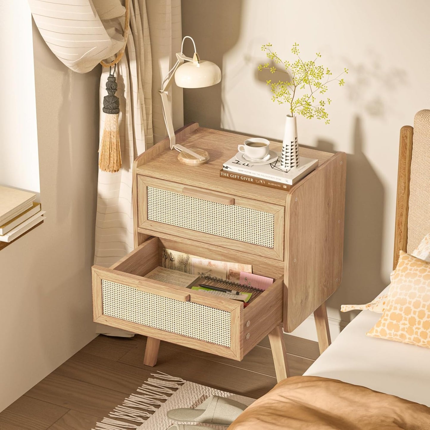 Lerliuo Rattan Nightstand, Boho Night Stand with 2 Drawers, Cane Accent Side End Table, Bedside Table with Solid Wood Legs for Bedroom, Dorm and Small Spaces (Natural)