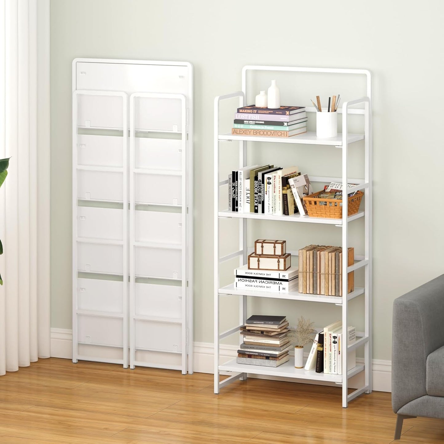 4NM No Assembly Folding Bookshelf, 4-Shelf 54" H Collapsible Foldable Bookcase Storage for Small Spaces, All White