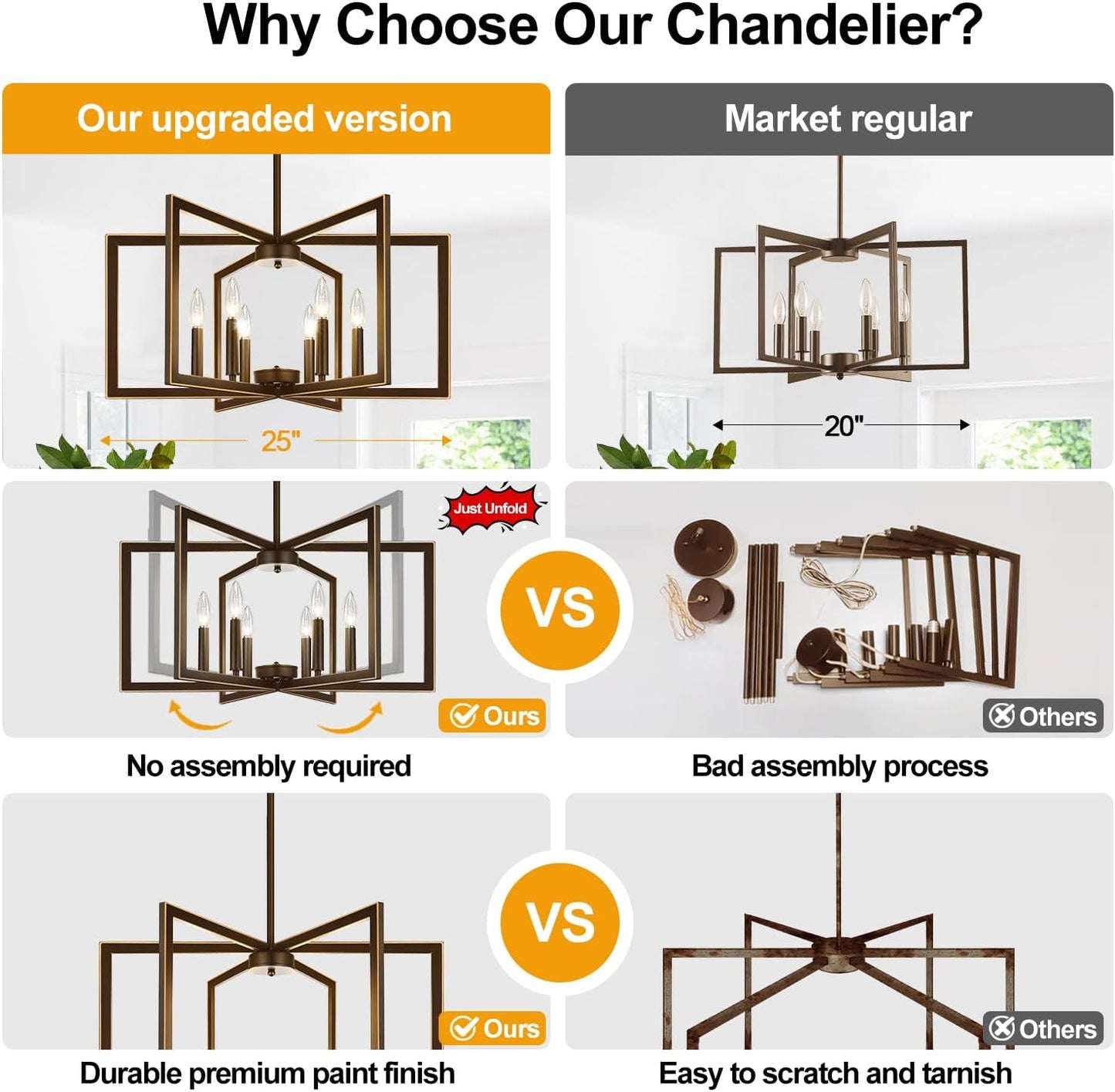 25" Modern Brown Chandelier for Dining Room (6-Light, 25-Inch), Geometric Brown Dining Room Light Fixture Over Table, Industrial Metal Hanging Pendant Lights for Kitchen Island, Entryway, Foyer