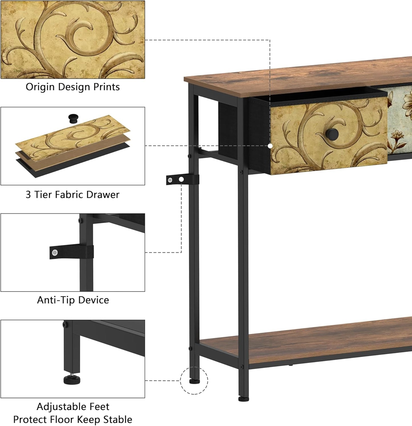 Tohomeor Entryway Console Table with 3 Retro Flowers Fabric Drawers Boho Narrow Long Behind Couch Sofa Table with Bottom Open Storage Shelf for Hallway Living Room Foyer (Rustic Brown, 3 Drawers)