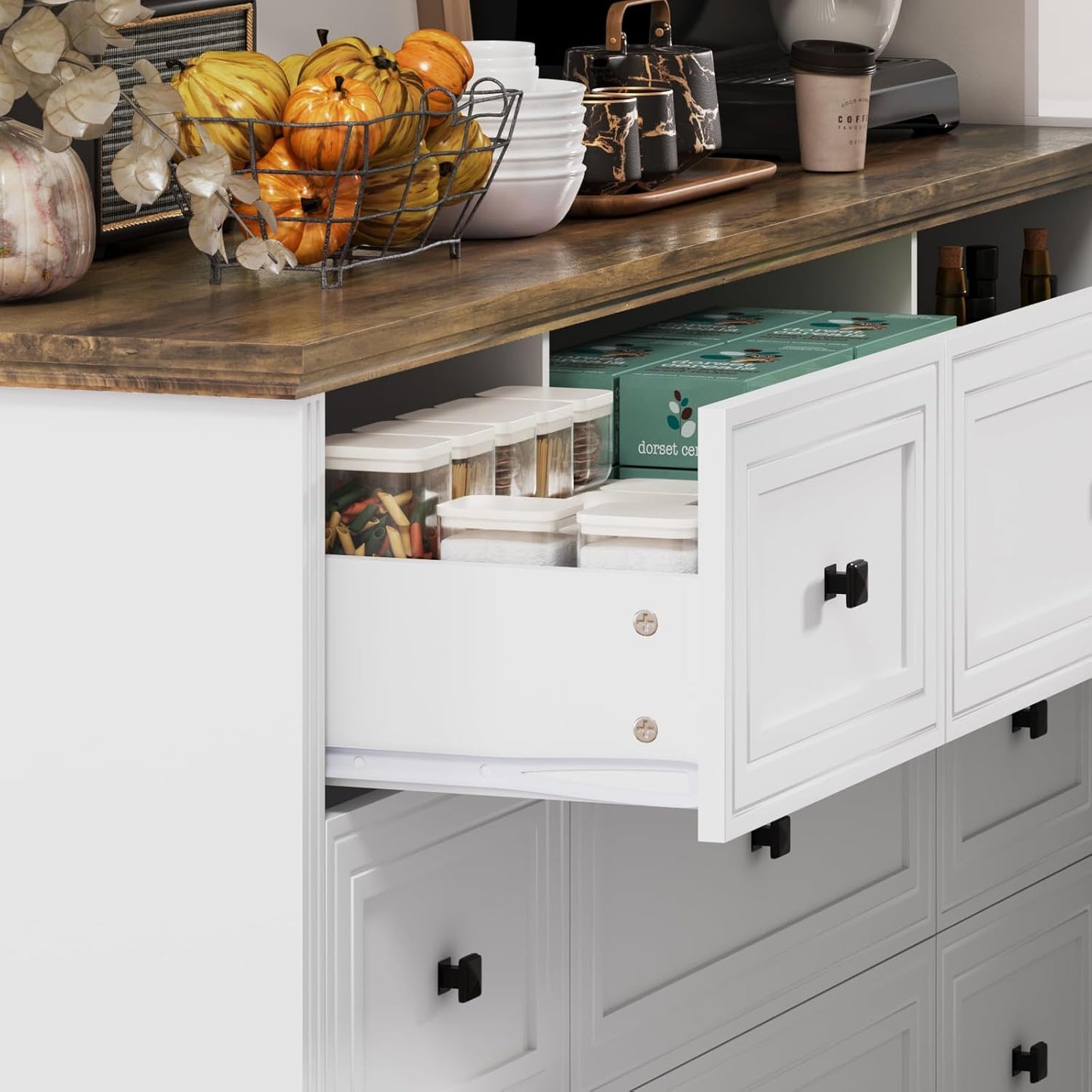 57" Wooden Dresser with 9 Drawers, Modern Farmhouse Furniture Organizer, Chest of Drawers with Rustic Top, Bedroom Storage Cabinet for Clothes, Accessories, Living Room, or Entryway, White