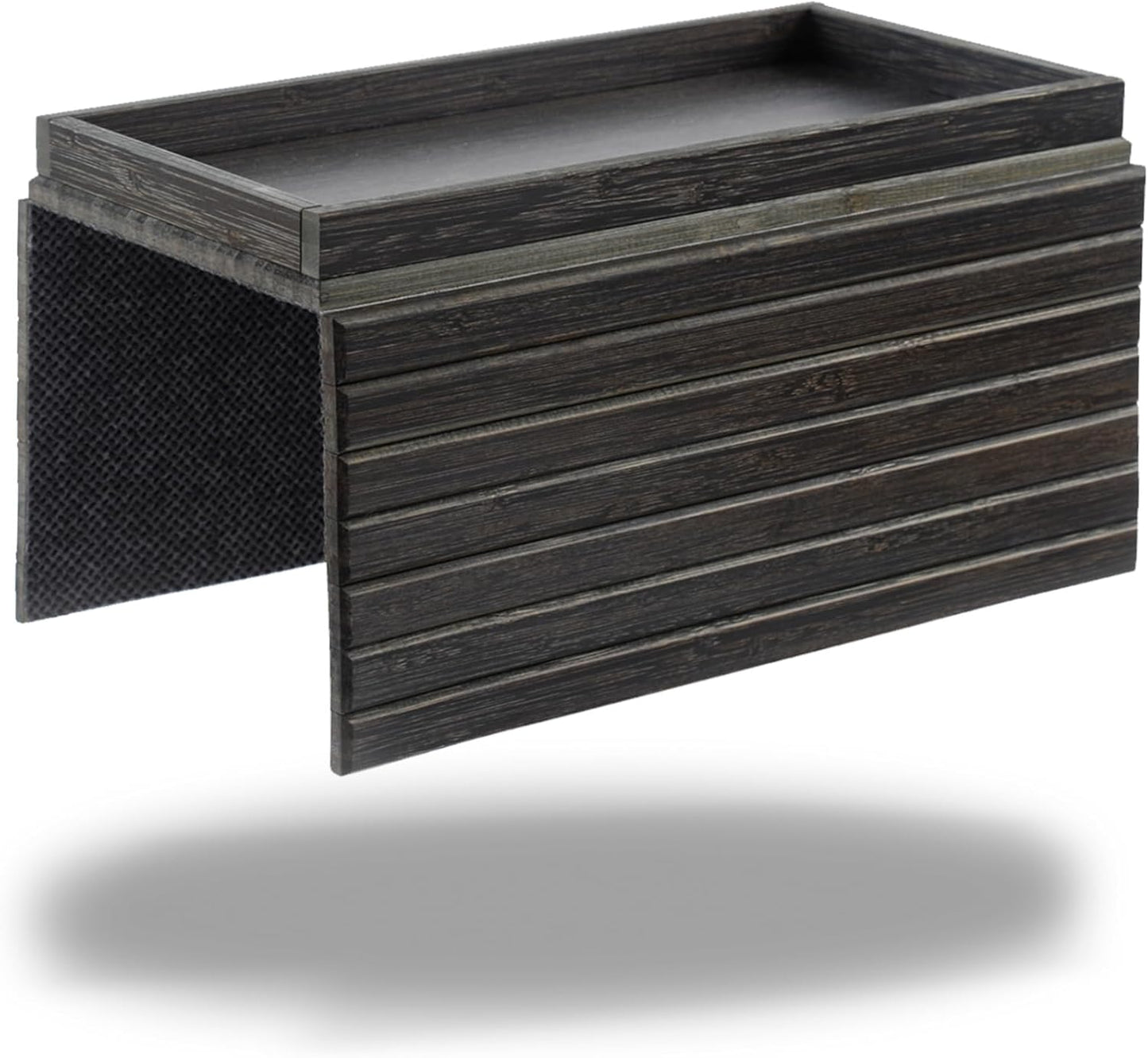 DETOR Couch Arm Tray, TV Tray with Capacious 12.4" x 5.4" Storage Box, Bamboo Grain Stained Black Color, Enhanced Nonslip Felt Bottom, Sturdy Bamboo Slats Material | for Armrests 6" and Wider
