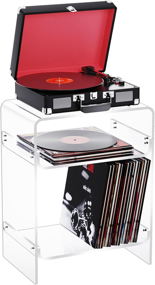 Acrylic Record Player Table with Storage Shelf, Clear Side Table Nightstand (Clear)