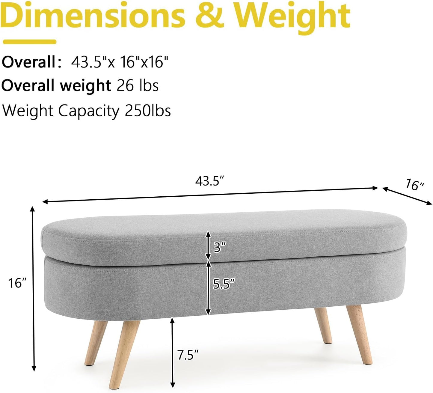 NicBex Ottoman Bench with Storage for Bedroom, 43.5" Upholstered End of Bed Bench with Rubber Wood Legs, Linen Storage Bench for Living Room or Entryway,