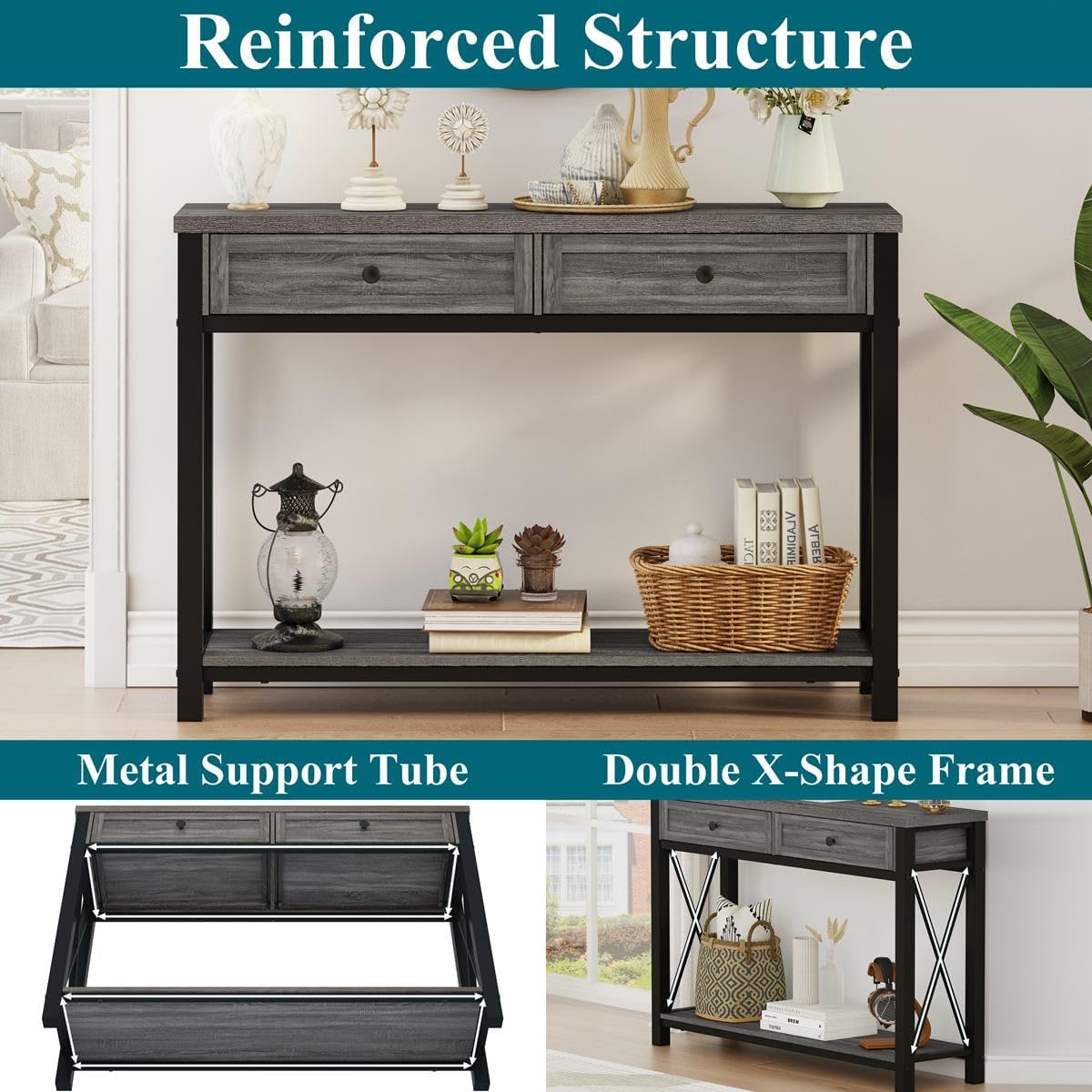 BON AUGURE Sofa Table with Drawers, Console Tables for Entryway, Sofa Table with Storage, Couch Tables for Living Room, Hallway, Foyer, Entry (Dark Grey Oak, 47 Inch)