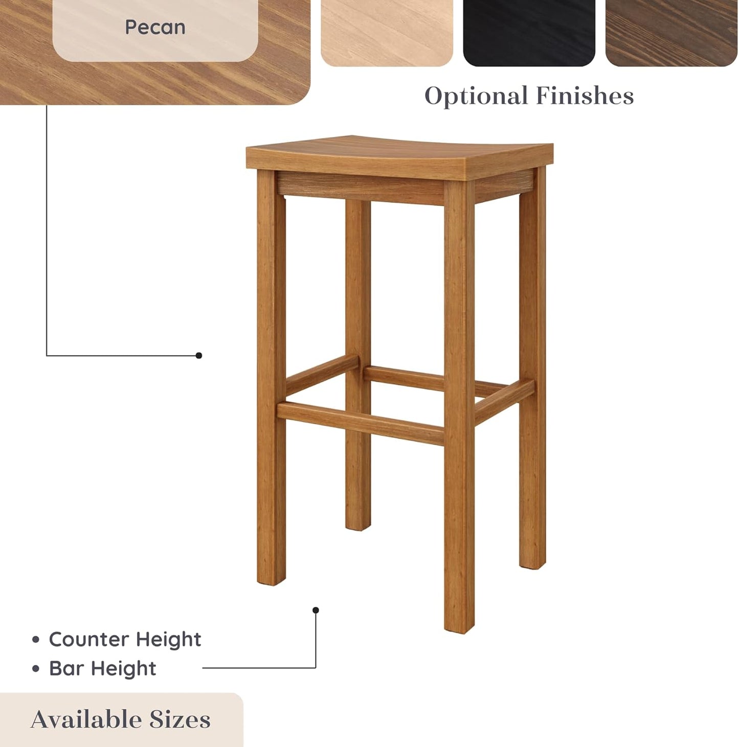 Grain & Grove Smith Collection Solid Wood Bar Stool, 30 inch Saddle-Seat Bar Chair, Backless, Heavy-Duty Construction, Footrest Support, Ideal for Kitchen Islands, Home Bars, and Counters, Pecan