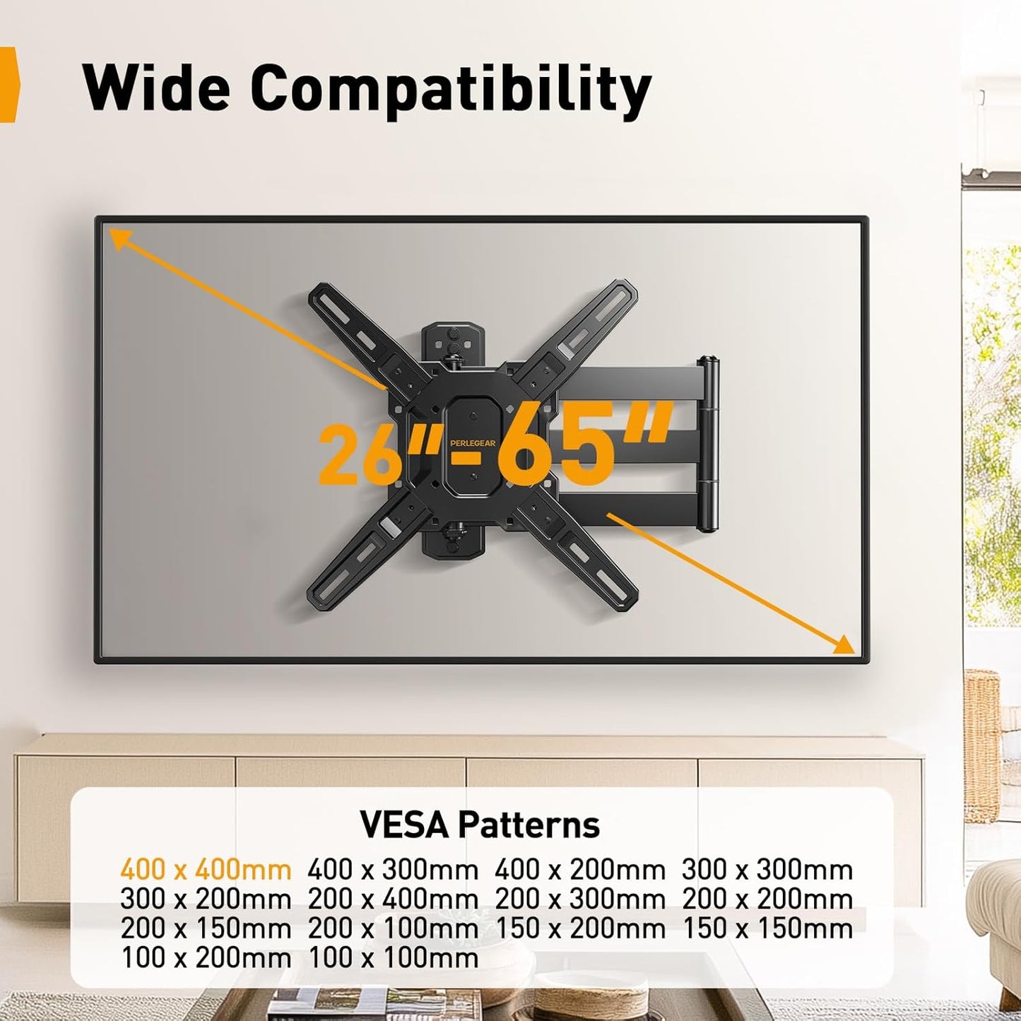 Perlegear Long Arm TV Wall Mount for 26-65 inch TVs up to 100 lbs, Corner TV Mount Bracket with 31.65” Extension, Swivel, Tilt Articulating Arms, Full Motion Wall Mount, Max VESA 400x400mm PGMF25B