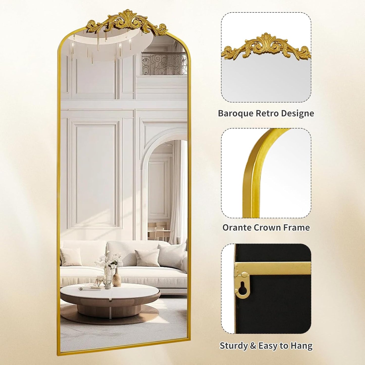 AIXI HOME Antique Gold Arched Full Length Mirror, 71"x30" Floor Vintage Mirror with Ornate Frame, Baroque Inspired Home Decor for Livingroom Bedroom Entryway