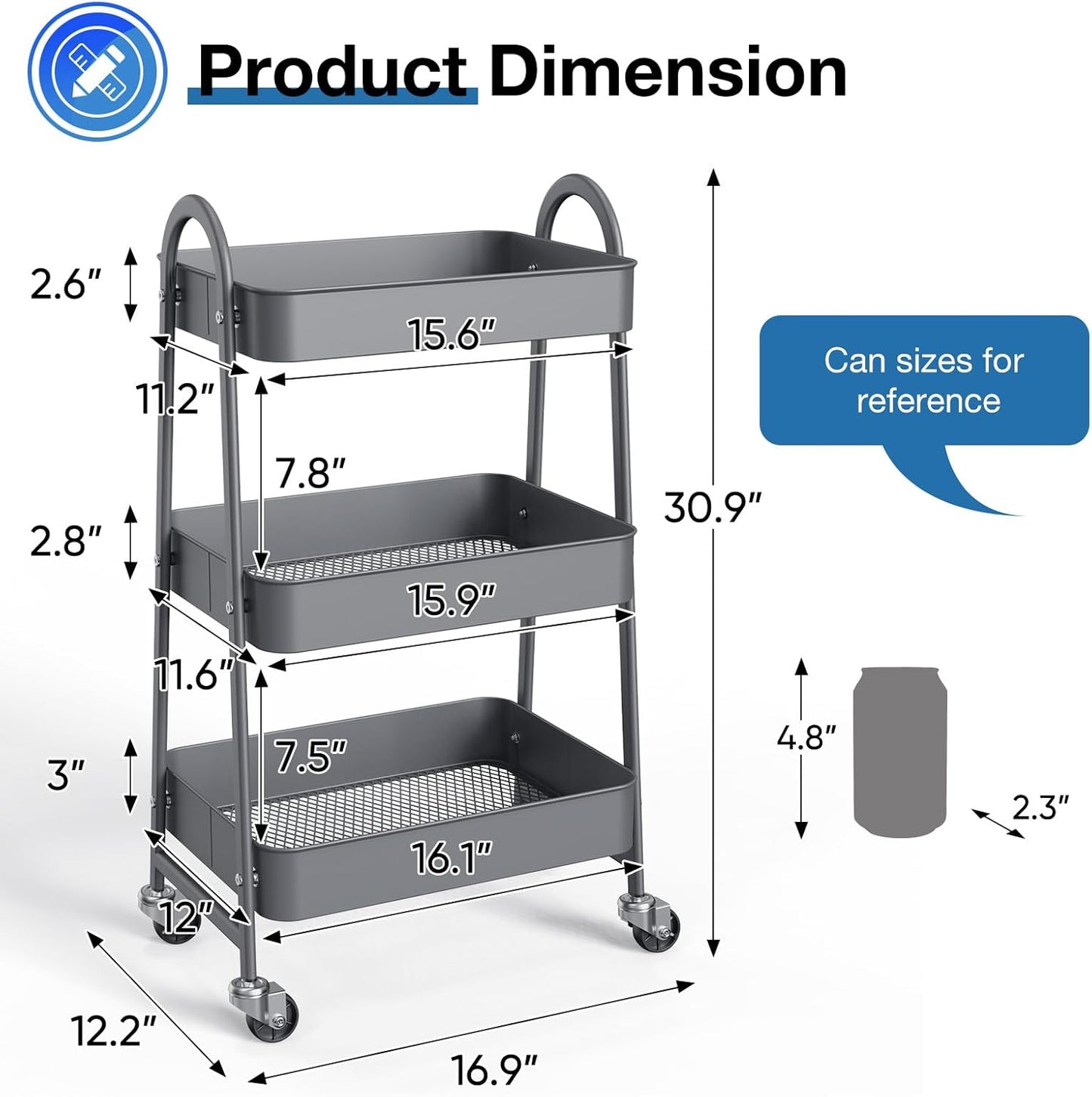 OLIXIS 3 Tier Utility Rolling Cart, Metal Mobile Storage Shelf with Lockable Caster Wheels, Organization for Livingroom, Bathroom, Kitchen, & Narrow Places, Gray