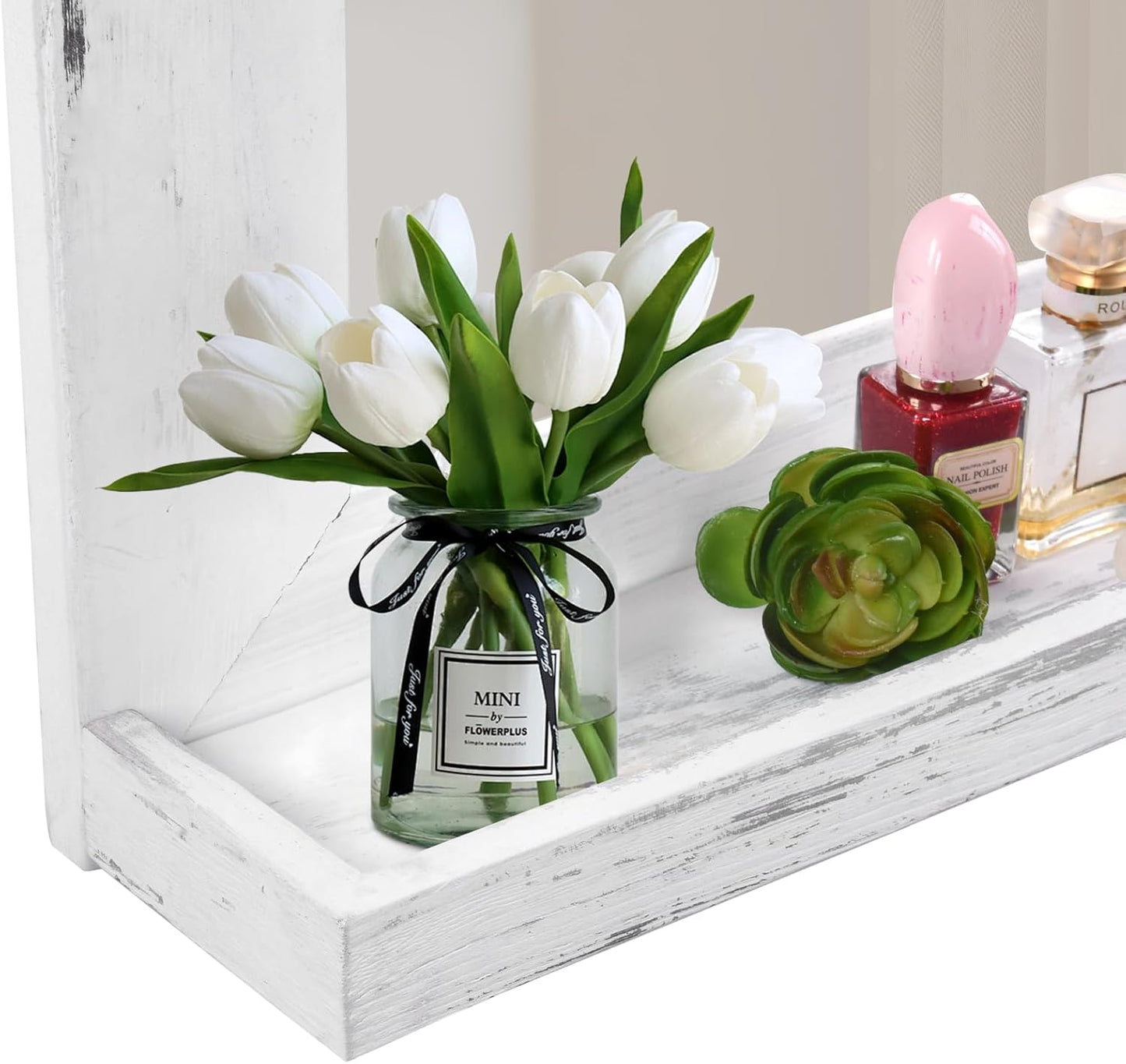 QDSSDECO 16"×20" Wall Mirror with Shelf Farmhouse Decor Rectangular Mirror Hanging for Bathroom, Vanity, Bedroom, Entryway, Living Room,White with Hemp Rope