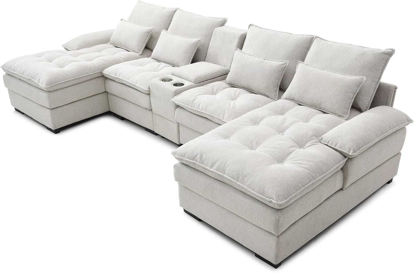 KEIKI 130" U-Shaped 6 seat Sofa with Storage Console, Cup Holders, Upholstered Sectional Sofa, Button Tufted Cloud Cushion Couch for Home, Office, Apartment, Beige
