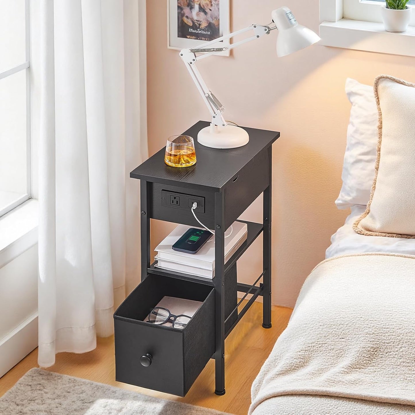 HOOBRO End Table with Charging Station, Flip Top Narrow Side Table with Storage Drawer, Slim Nightstand Bedside Tables with Shelves, for Small Space, Living Room, Bedroom, Black BK343UBZ01G1